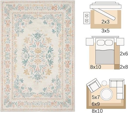 jinchan Vintage Floral 6x9 Area Rugs for Living Room - Machine Washable Distressed Design Soft Throw Rug Ultra-Thin Non-Slip Large Carpet for Bedroom Nursery Dining Room Home Office (6x9ft, Apricot)