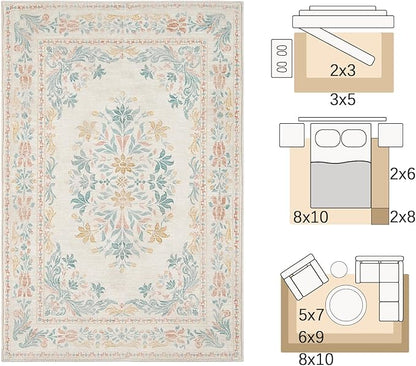 jinchan Vintage Floral 3x5 Area Rugs for Entryway - Machine Washable Distressed Design Ultra-Thin Low-Pile Soft Non-Shedding Carpet for Kitchen Bedroom Laundry Living Room (3x5ft, Apricot Multi)