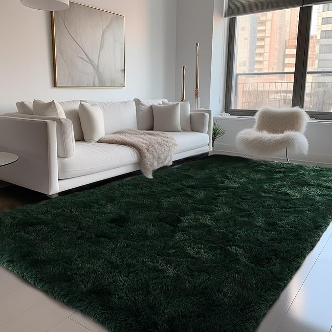 Zentavio Emerald Green Rugs for Bedroom 4x6 Dark Green Area Rugs for Living Room Fluffy Fake Grass Carpet for Kids Room Playroom Furry Shag Aesthetic Soft High Pile Washable Home Decor