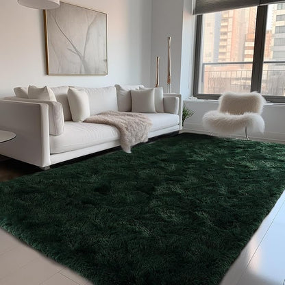 Zentavio Emerald Green Rugs for Bedroom 4x6 Dark Green Area Rugs for Living Room Fluffy Fake Grass Carpet for Kids Room Playroom Furry Shag Aesthetic Soft High Pile Washable Home Decor