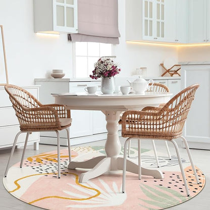 Lahome Pink Round Rugs 5Ft - Washable Boho Large Round Area Rug for Living Room Non-Slip Throw Ultra- Thin Circle Rugs for Bedroom Nursery, Cute Soft Botanical Print Round Carpet for Classroom Office