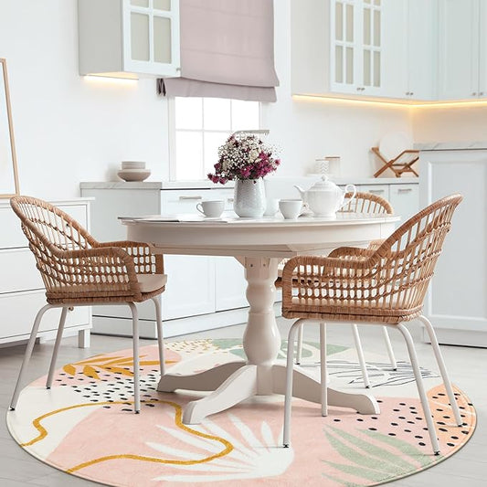 Lahome Pink Round Rugs 8Ft - Washable Boho Area Rug for Living Room Non-Slip Soft Ultra-Thin Large Round Rug Dining Room Rug, Botanical Print Floor Round Carpet for Bedroom Office Dorm (Pink, 8'x8')