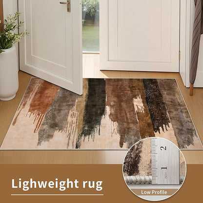 Ciicool 6ft Round Washable Rug, Modern Abstract Circle Rugs, Non-Slip Thin Lightweight Rug Brown Black Circular Print Distressed Carpet for Bedroom Living Room Under Dining Table Home Office Decor