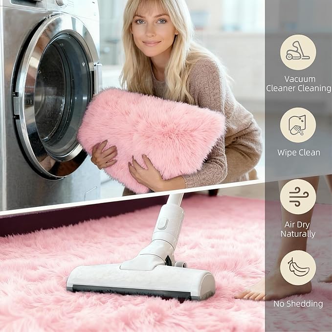 4x6 Solid Fluffy Pink Area Rug – Washable, Durable, Living Room Rug, Non-Slip High Pile Shag Rugs for Bedroom, Living Room, Bedside, Dorms, Nursery Rooms, Kids Room, Soft Indoor Floor Carpet