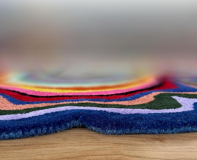 Irregular Shaped Handmade Wool Rug | Modern Colourful Stripe Premium Area Rug Perfect for Home Decor (Multi B, 4x4 ft)