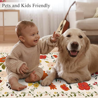 U'Artlines 2' x 8' Colorful Floral Runner Rug for Hallways Kitchen Soft Non Slip Washable Floor Carpet Runners for Entryway Laundry Room Bathroom Beige