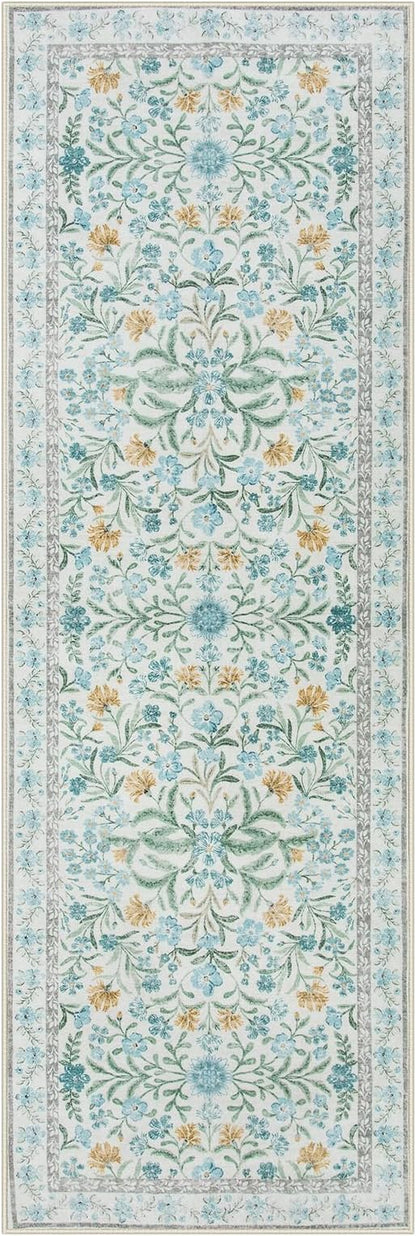 Lahome Light Blue Runner Rug 2x6, Boho Floral Runners for Kitchen Floor, Machine Washable Soft Thin Indoor Throw Carpet Runners for Hallway Bathroom Laundry 6ft, Blue