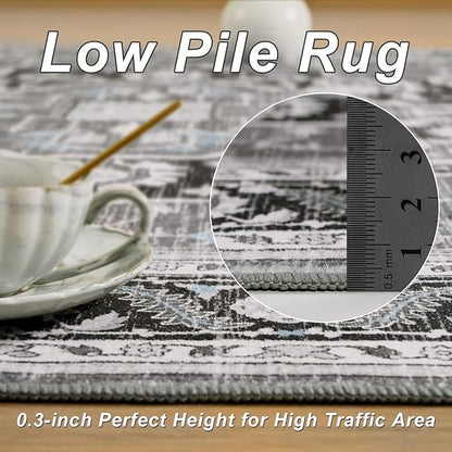 5x7 Black Grey Area Rug for Living Room, Machine Washable Rugs with Non-Slip Backing for Bedroom, Vintage Medallion Carpet Dining Room Office Kids Room Decor