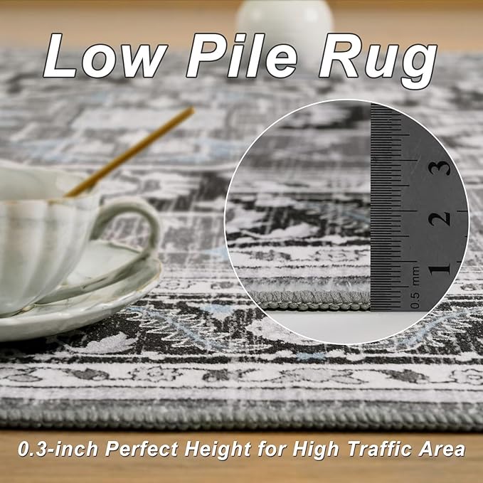 4x6 Black Grey Area Rug for Living Room, Machine Washable Rugs with Non-Slip Backing for Bedroom, Vintage Medallion Carpet Kitchen Laundry Kids Room Decor