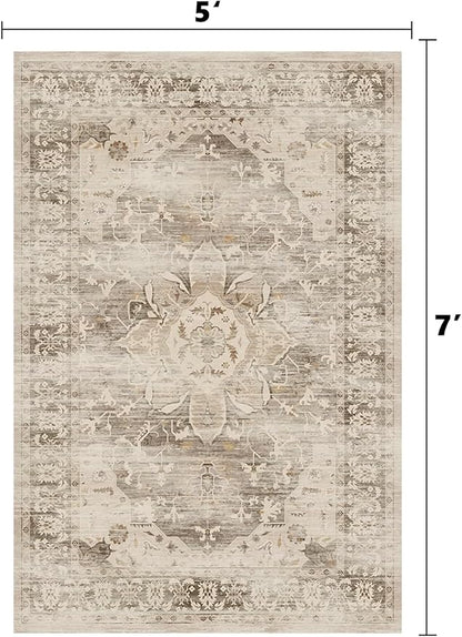 Washable Area Rugs for Living Room 5’x7’ Non Slip Low Pile Area Rugs for Bedroom Dining Foldable Vintage Carpets