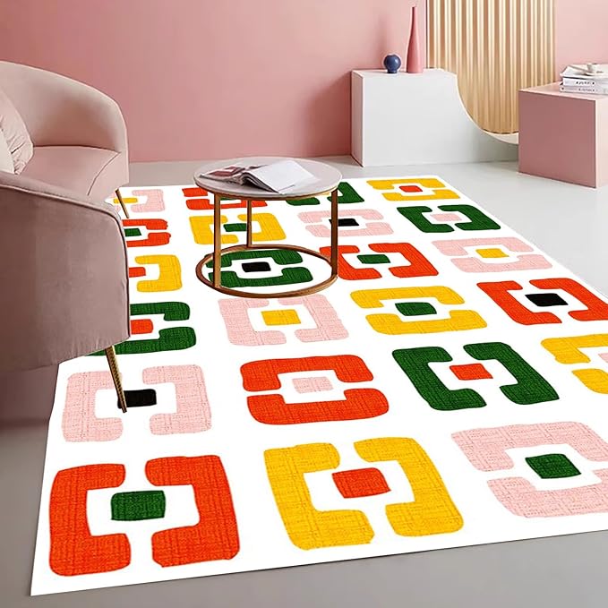 Modern Chic White Yellow Pink Geometric Texture Rug for Living Room Dining Room Bedroom Nursery Room Large Non Slip Washable Indoor Carpet Soft Low Pile Kitchen Entryway Runner Mat 10x12
