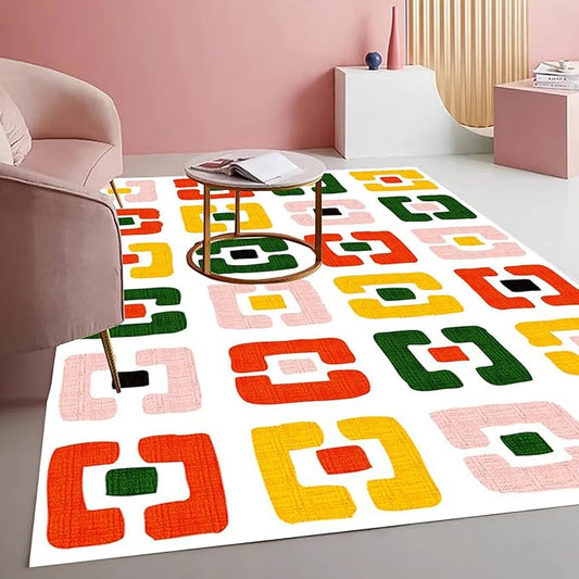 Modern Chic White Yellow Pink Geometric Texture Rug for Living Room Dining Room Bedroom Nursery Room Large Non Slip Washable Indoor Carpet Soft Low Pile Kitchen Entryway Runner Mat 10x12