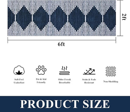 HelloTree Hallway Runner Rug，2x6 Moroccan Modern Stripe Carpet Washable Machine Bathroom Runner Bohemian Design Modern Soft Non Slip Indoor Rug for Entryway Hallway Laundry Room Bedroom-Blue