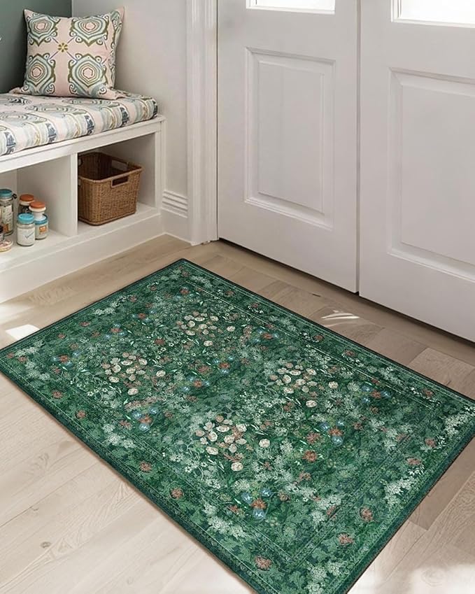 Green Cottagecore Washable Floral Rugs for Entryway - 2x3 Small Vintage Throw Rugs for Kitchen, Bathroom, Laundry, Indoor Entrance - Low Pile Non Slip Thin Rug, Boho Distressed Front Door Floor Mat