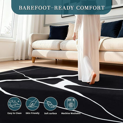 YIHOUSE Abstract Washable Rug 5x7,Ultra Thin Non Slip Black Rugs for Living Room,Modern Minimalist White Stripe Rugs for Bedroom,Dining Room Office Playroom (5'x7',Black-1)