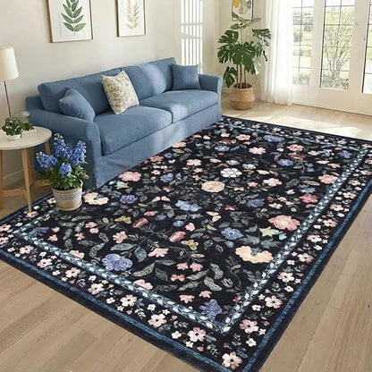 8x10 Washable Floral Distressed Rug, Vintage Farmhouse Area Rug for Living Room, Non-Slip Low Pile Soft Carpet for Nursery Bedroom Dining Room Home Office, Dark Grey Blue