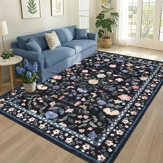 GarveeHome Washable Area Rug 9 x 12 for Living Room, Non-Slip Soft Vintage Rug, Low Pile Farmhouse Floral Carpet, Non-Shedding Indoor Foldable Printed Rugs for Bedroom, Dark Grey Blue