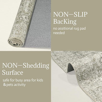 Washable Area Rugs 5'x7' Non-Slip Vintage Boho Distressed Fade Resistant Low Pile Carpet for High-Traffic Living Room, Bedroom & Dining Room