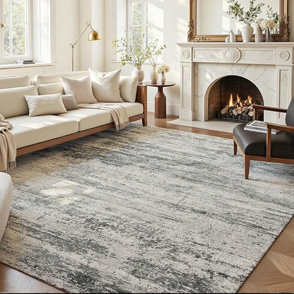 Area Rug 6x9 Washable Rug Grey for Living Room, Dining Room, Bedroom, Large Carpets, Non Slip & Non-Shedding Low Pile Vintage Print Rug for Home Office Decor