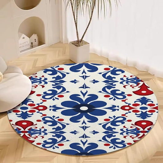 Vintage Blue Flowers Washable Round Rugs Oriental Tribal Floral Circle Rugs for Living Room Entryway Round Area Rug Soft Non Slip Nursery Carpet for Bedroom Dining Coffee Table 6ft
