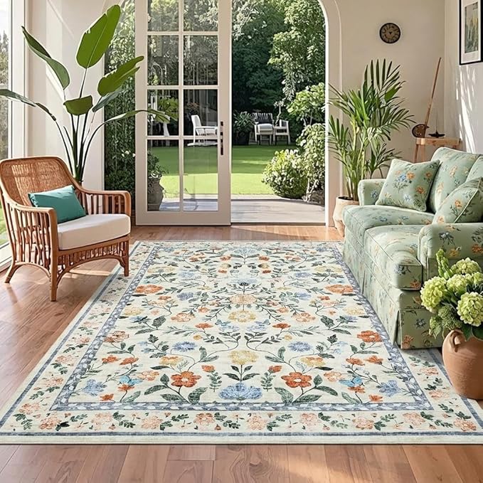 Floral Washable Rug 4x6, Non-Slip Low Pile Botanical Carpet, Vintage Farmhouse Area Rug for Bedroom Nursery Kids Room Home Decor, Green