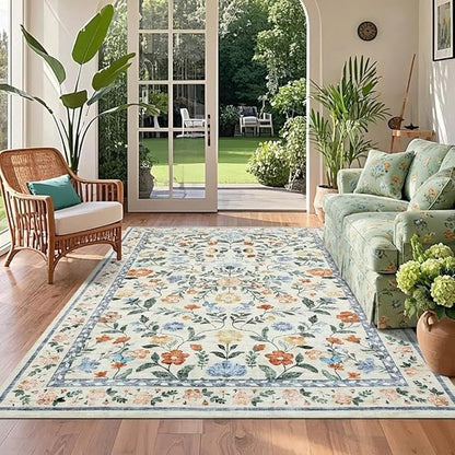 Floral Washable Rug 4x6, Non-Slip Low Pile Botanical Carpet, Vintage Farmhouse Area Rug for Bedroom Nursery Kids Room Home Decor, Green