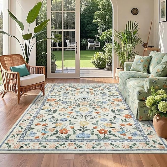 Floral Washable Rug 4x6, Non-Slip Low Pile Botanical Carpet, Vintage Farmhouse Area Rug for Bedroom Nursery Kids Room Home Decor, Green