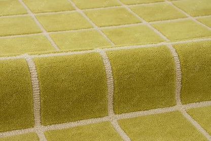 Checkered Wool Area Rug with Scalloped Border, Chartreuse Green & Cream Grid, Hand-Tufted, Soft Cut Pile, Modern Cottagecore Living Room, Bedroom & Nursery Carpet - 3x6 Ft