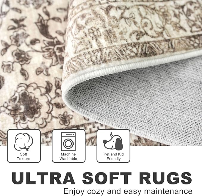 KILOCOCO Area Rug 5x7 Living Room Rug Washable Printed Vintage Floral Non Slip Soft Rubber Backed Indoor Bedroom Rugs for Laundry Room Kitchen Playroom Moroccan Area Rugs, Beige/Brown