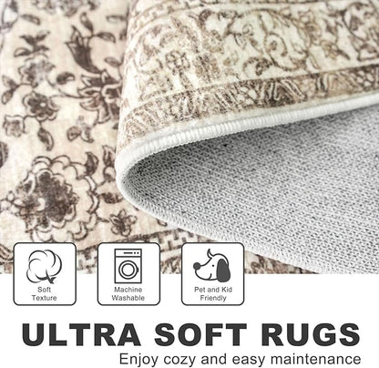 KILOCOCO Area Rug 5x7 Living Room Rug Washable Printed Vintage Floral Non Slip Soft Rubber Backed Indoor Bedroom Rugs for Laundry Room Kitchen Playroom Moroccan Area Rugs, Beige/Brown
