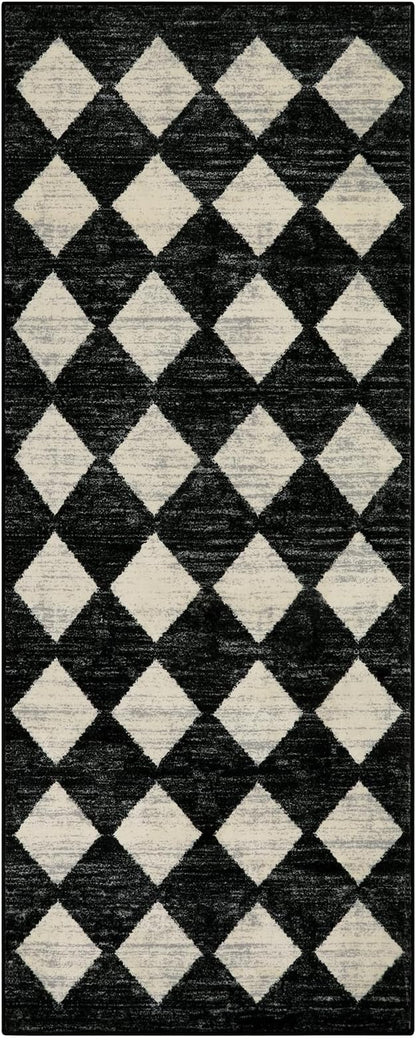 Lahome Washable Black and White Kitchen Runner Rug, 2x5 Soft Non Slip Laundry Room Rug Bathroom Runner Rugs with Rubber Backing, Moroccan Trellis Kid Pet Friendly Carpet Runners for Entryway Bedside