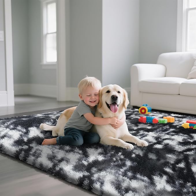Fluffy Rug Shaggy Area Rug, Mottling Black 5x8 Area Rugs for Bedroom, Small Bedside Rug, Soft Fluffy Shaggy Entryway Throw Rugs for Living Room Bedroom Kids Room Home Decor