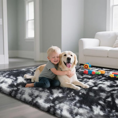 Fluffy Rug Shaggy Area Rug, Mottling Black 5x8 Area Rugs for Bedroom, Small Bedside Rug, Soft Fluffy Shaggy Entryway Throw Rugs for Living Room Bedroom Kids Room Home Decor