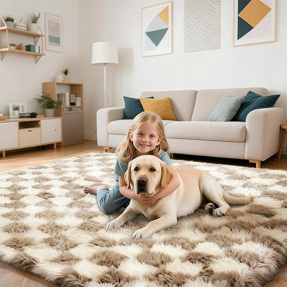 Checkered Rug for Bedroom, 4x6 Beige and White Area Rugs, Classic Checkered Carpets Shaggy Area Rug, Bedside Rugs for Living Room Bedroom Kids Room Home Decor