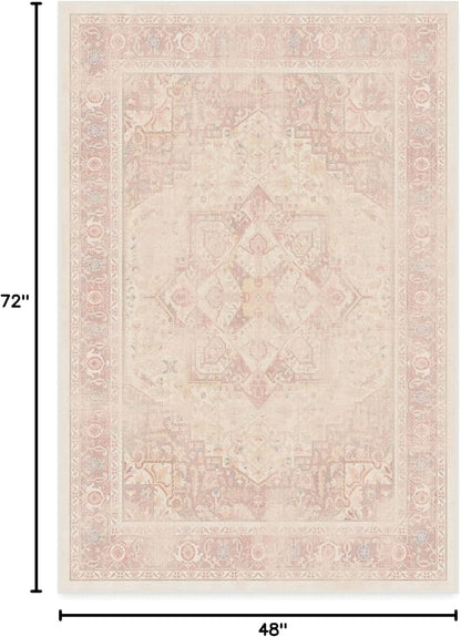 RUGGABLE Washable Area Rug – Kamran Soft Pink 4x6, Stain-Resistant, Non-Slip – Medium Machine Washable Rugs for Living Room, Bedroom, Hallway, Entryway & Office–with Standard Pad