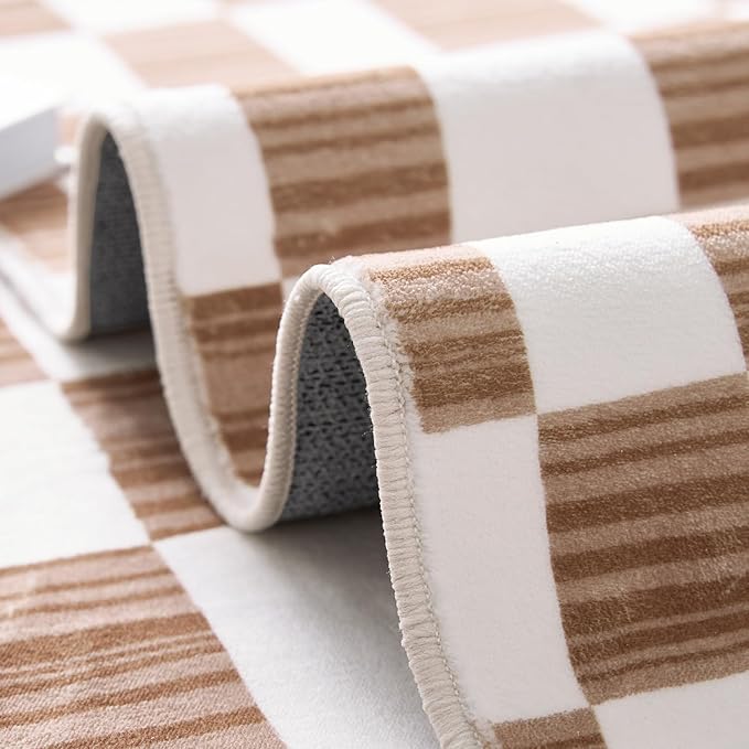 jinchan Runner Rug 2x6 Hallway Washable Modern Checkered Geometric Lattice Kids Bedroom Rug Indoor Floor Cover Non Slip Soft Carpet for Nursery Room Kitchen Laundry Room Home Brown