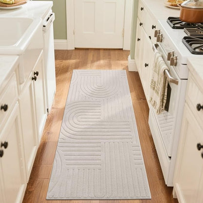 SHACOS Soft Cozy Fluffy Arch Pattern High-Low Pile Runner Rugs 2'x5' Non Slip Washable Scandinavian Minimalist Rug Runner Modern Geometric Carpet for Bedroom Bathroom Hallway Living Room, Beige