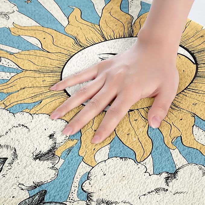 Erosebridal Sun and Moon Bathroom Mat Boho Bohemian Hippie Microfiber Bath Rug Moon Phase Print 3D Entryway Door Mat 16x24 Geometric Striped Bath Mat Sunflower Daisy Bath Rugs Retro Decor