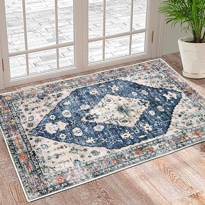 Boho Vintage Oriental Entry Rugs for Entrance Non-Slip Washable Tribal Small Area Rug,Ultra Soft Bohemian Floral Medallion Low-Pile Indoor Front Door Mat for Bedroom Kitchen Bathroom 20" x 32"