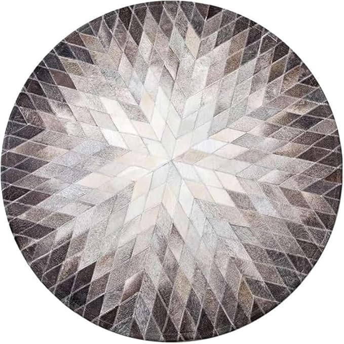Cowhide Hairon Leather Round Rug, Geometric Patterned Circle Carpet for Living Room, Bedroom, Hall, Brown, 10×10ft