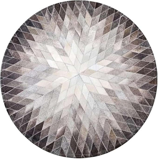 Cowhide Hairon Leather Round Rug, Geometric Patterned Circle Carpet for Living Room, Bedroom, Hall, Brown, 10×10ft