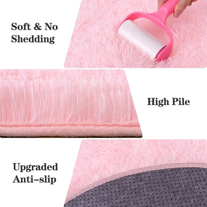 Soft Fluffy Area Rug for Bedroom, Pink Fuzzy Shaggy Oval Throw Rugs for Bedside, Non-Slip Cozy Plush Shag Carpet for Girls Kids Room Dorm Nursery Living Room, 2.6 x 5.3 Feet