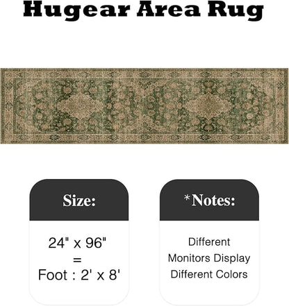 HUGEAR 2x8 Runner Rug Hallway Machine Washable Retro Green Vintage Floral Low Pile Carpet Distressed Long Throw Rug Bedroom Office Bathroom Kitchen Laundry Non Slip Soft Lightweight