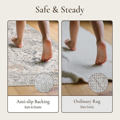 GENIMO 2'6''x18 Runner Rugs for Hallway, Machine Washable Non Slip Vintage Rugs, Low Pile Soft Chenille Print Rug for enrtyway, Corridor, Home Office,Light Taupe Brown
