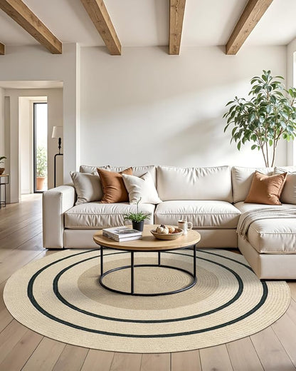 DEXI Round Jute Rug Natural Fiber 4x4, Braided Woven Area Rugs No Shed, Soft Neutral Rustic Carpet Mat for Indoor Outdoor Patio Dining Living Room Bedroom Farmhouse, 4ft, Ivory/Black