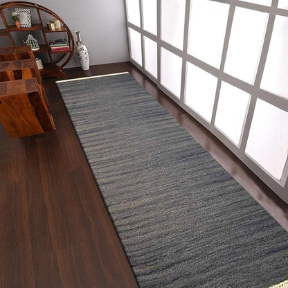 Rugsotic Carpets Hand Woven Flat Weave Kilim Wool 2'6''x10' Runner Area Rug Solid Silver D00111