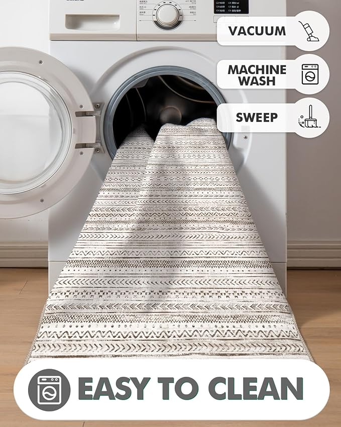 LUMI Washable Runner Rug, 3'x8' Non-Slip Hallway Mat, Low Profile Thin Long Carpeet for Laundry Kitchen Bedroom Office, White and Brown