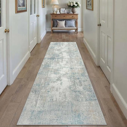 3x10 Washable Runner Rug Blue Cream Abstract Hallway Kitchen Throw Rug Neutral Modern Non Slip Soft Low Pile Lightweight Carpet for Bathroom Laundry Bedroom Living Room