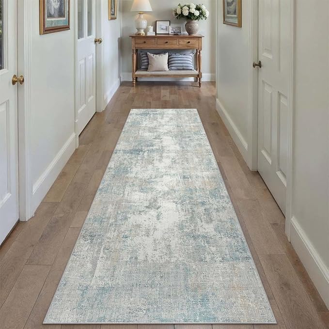 2x8 Washable Runner Rug Blue Cream Abstract Hallway Kitchen Throw Rug Neutral Modern Non Slip Soft Low Pile Lightweight Carpet for Bathroom Laundry Bedroom Living Room