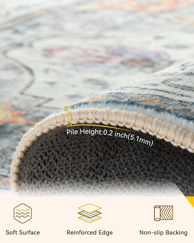 Area Rugs 2'x3' Washable Non-Slip, Floral Vintage Distress Print Pattern Medallion Carpet for Living Room Bedroom Dining Room, Light Yellow Carbon Grey Orange